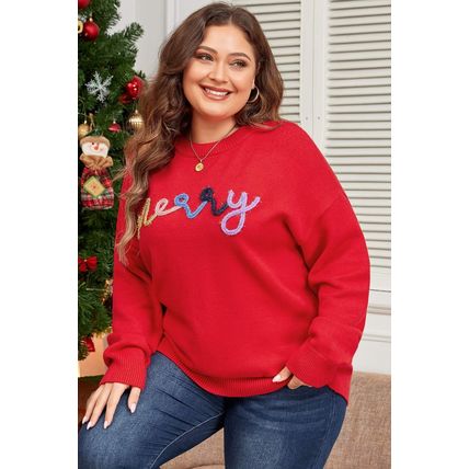 Fiery Red Tinsel merry Pattern Drop Shoulder Plus Size Sweater