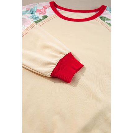 Beige Bowknot Printed Patchwork Raglan Sleeve Colorblock Edge Top