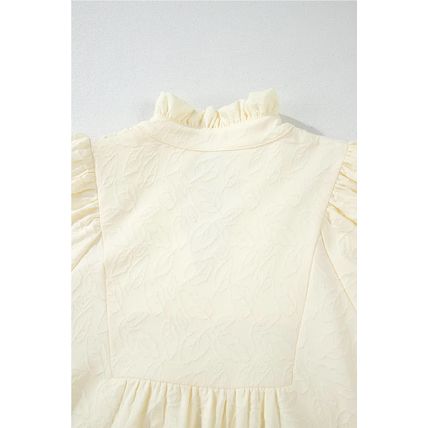 White Floral Textured Bubble Sleeve Frilled Notched Neck Dress