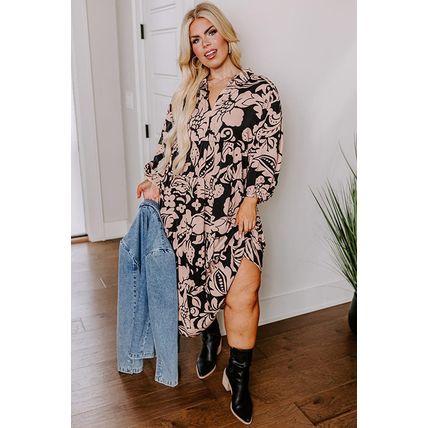 Black Plus Size Floral Printed Puff Sleeve Collared Maxi Dress
