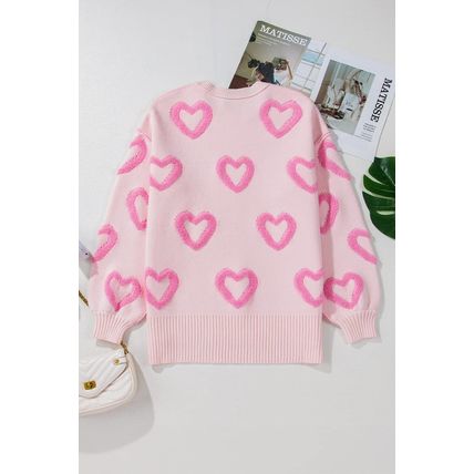 Pink Heart Shape Bubble Sleeve Baggy Sweater