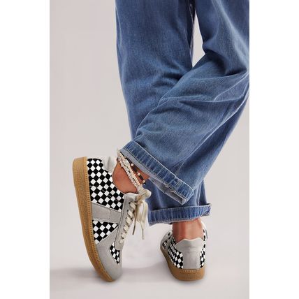 Black Checkerboard Patchwork Lace-up Flat Leatherette Shoes