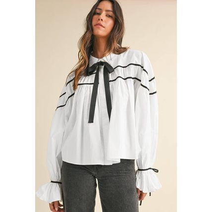 White Black Pipping Ribbon Bowtie Collared Ruffled Puff Sleeve Shirt