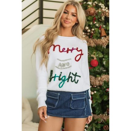 White Tinsel Merry and Bright Graphic Christmas Sweater