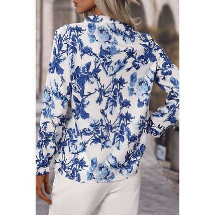 Sky Blue Floral Print Notched Neck Elegant Blouse