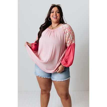 Pink Contrast Floral Patchwork Long Sleeve Plus Size Blouse