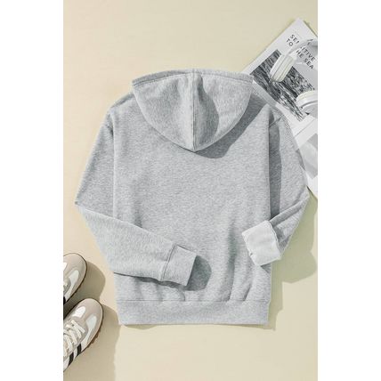 Light Grey Solid Color Fleece Lined Drawstring Hoodie with Pocket