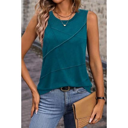 Blue Sapphire Solid Color Stitching Detail Round Neck Tank Top