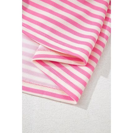 Pink Stripe Bowknot Cutout Back Drop Shoulder Wide Bracelet Sleeve Loose Tee