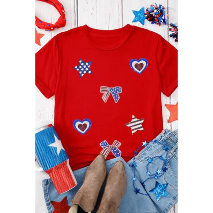 Red American Flag Inspired Sequined Pattern Crewneck Tee