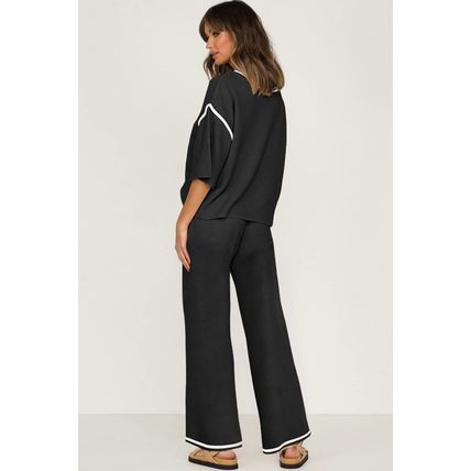 Black Contrast Trim Half Sleeve Top Drawstring Pants Loose 2pcs Sweater Suit
