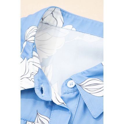 Sky Blue Floral Print Button Up Pleated Detail Puff Sleeve Shirt