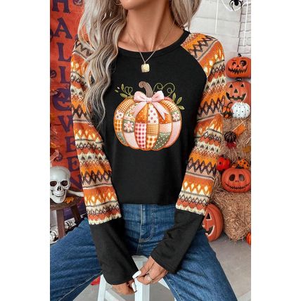 Orange Cute Pumpkin Graphic Geo Print Raglan Long Sleeve Tee