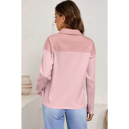 Light Pink Solid Color Long Sleeve Thermal Knit Polo Collar Patchwork Top