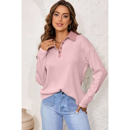 Light Pink Solid Color Long Sleeve Thermal Knit Polo Collar Patchwork Top