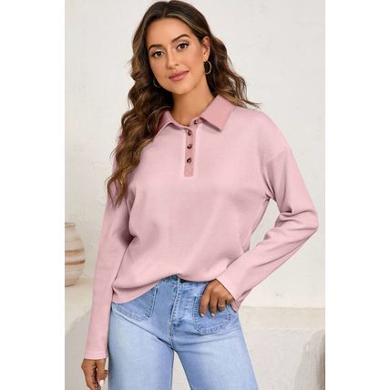 Light Pink Solid Color Long Sleeve Thermal Knit Polo Collar Patchwork Top