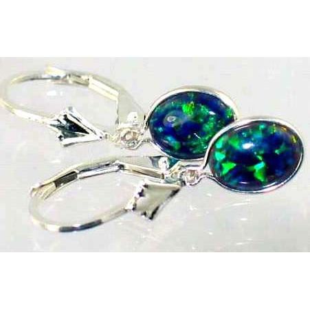 Created Blue/Green Opal, 925 Sterling Silver Leverback Earrings, SE001