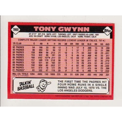 1991 Topps Magazine baseball TM60 Tony Gwynn insert card –NM..HOF