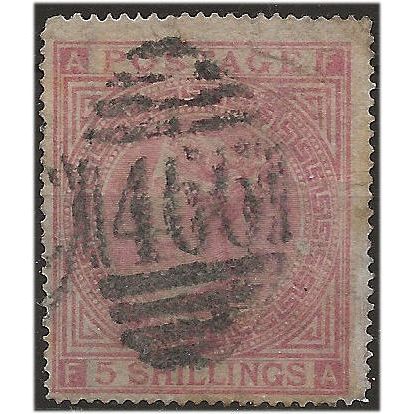 1867 SG127 5/- Pale Rose Plate 1 Good+ Used Check Letters “FA”
