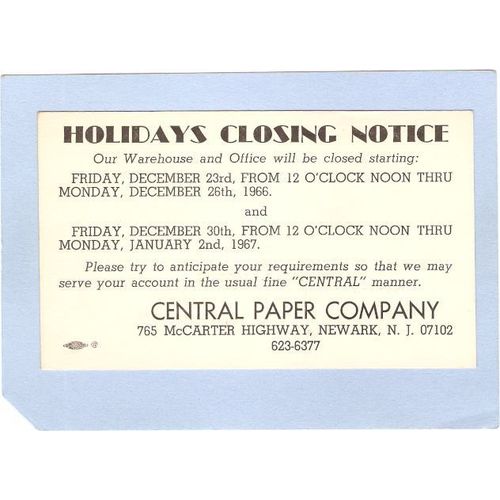 New Jersey Newark Advertising Card For Central Paper Co 765 McCarter Highw~961