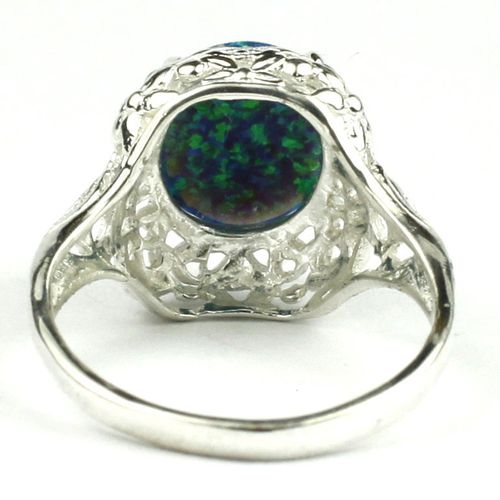 Created Blue/Green Opal, 925 Sterling Silver Antique Style Filigree Ladies Ring,