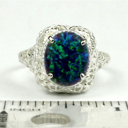 Created Blue/Green Opal, 925 Sterling Silver Antique Style Filigree Ladies Ring,