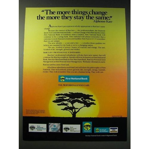 1987 First National Bank of Southern Africa Ad - The more things change
