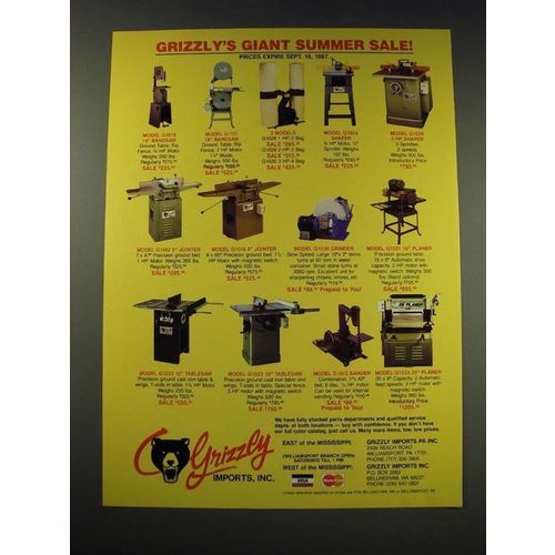 1987 Grizzly Imports Wood-Working Machinery Ad - Grizzly's Giant Summer Sale!