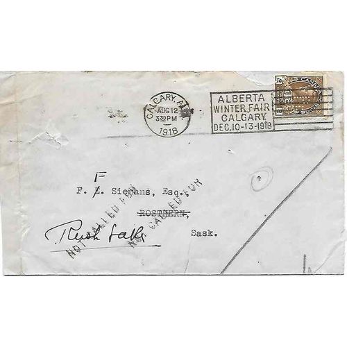 Canada Admiral WAR TAX Perfin CPR Letter Rate 1918, Calgary Alberta Slogan (3)