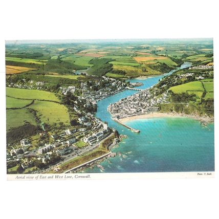 AERIAL VIEW OF EAST & WEST LOOE CORNWALL used postcard by John Hinde 1974 pm =