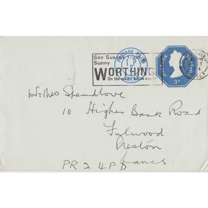 GB 1974 cover from Worthing to Preston with See Sunny Worthing slogan