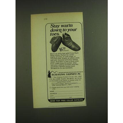 1974 REI Recreational Equipment, Inc. Down Socks Advertisement - Stay warm