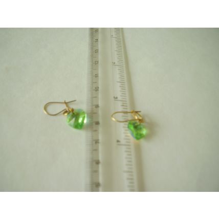Vintage Earrings Green Aurora Borealis Crystal Heart Dangle Retro Pierced Drops