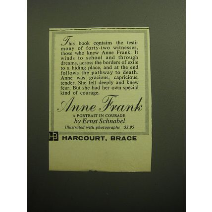 1958 Harcourt, Brace Book Ad - Anne Frank A portrait in Courage, Ernst Schnabel