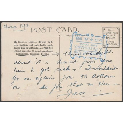 Great Safety Racing Coaster, Venice, Los Angeles, California, 1913 - Postcard