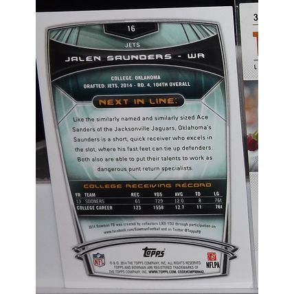 2014 Topps Bowman JALEN SAUNDERS (Jets) Rookie Card #16
