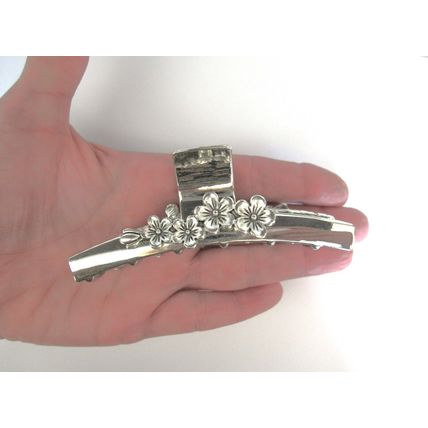 Long silver tone flower metal hair claw clip