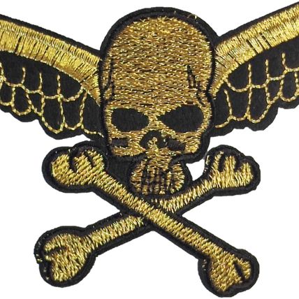 Iron On Patch Winged Skull Embroidered Gold Sew Biker Punk Rock 26 x 10cm P693