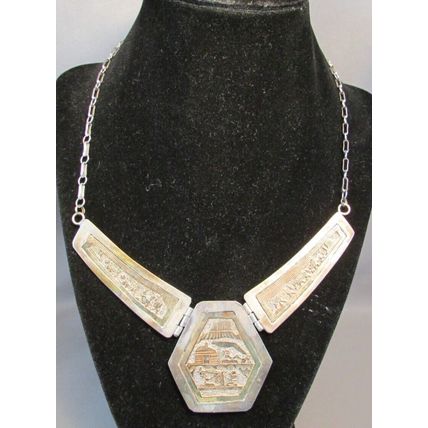 Vintage Signed Navajo 12K & Sterling Silver Storyteller Hinged Necklace 39.0 gr