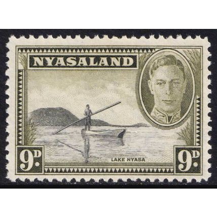 Nyasaland KGVI 1945 9d Black Olive Boat Lake Nyasa SG151 Mint MH