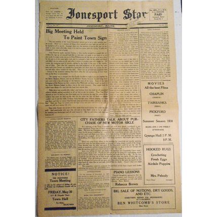 Jonesport Star, May 29, 1930 - Big meeting held to paint town sign; other news