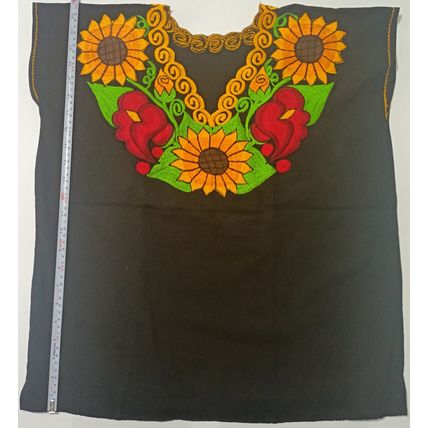 Sunflowers & Calla Lillies Embroidered Cotton Canvas Black Blouse Chiapas Mexico