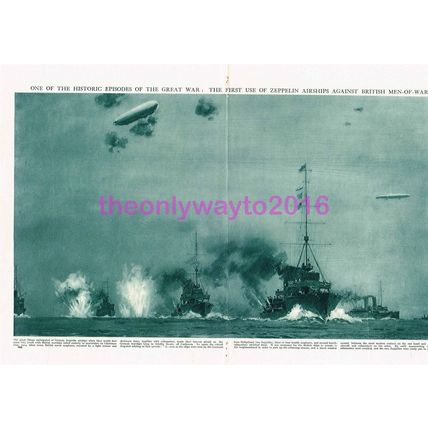 Zeppelins Attack British Ships, Cuxhaven, WWI, Book Illustration, 1915-18