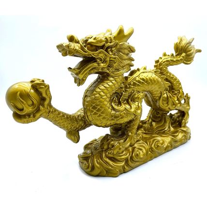 FUNSXBUG Large 13 Inch Chinese Gold Dragon Statue Feng Shui Decor Figurines Scul