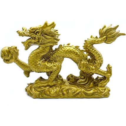 FUNSXBUG Large 13 Inch Chinese Gold Dragon Statue Feng Shui Decor Figurines Scul