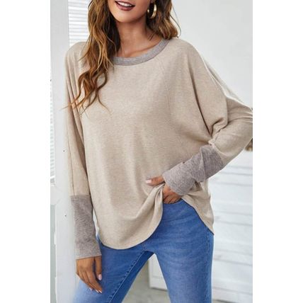 Khaki Contrast Cuffs Batwing Sleeve Loose Top
