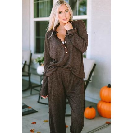 Brown Ribbed Knit Collared Henley Top and Pants Lounge Outfit