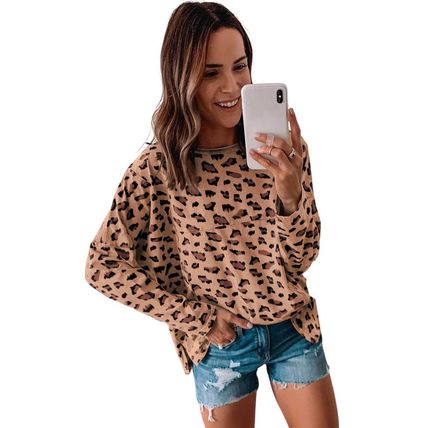 Brown Animal Print Stitching Loose Long Sleeve Top