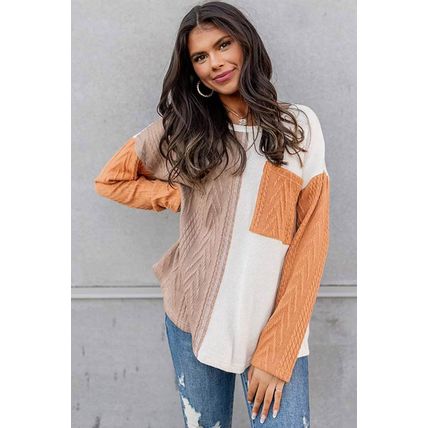 Orange Long Sleeve Colorblock Chest Pocket Textured Knit Top