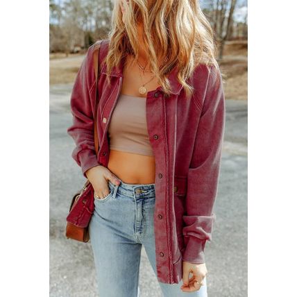 Red Vintage Washed Flap Pocket Button Shacket